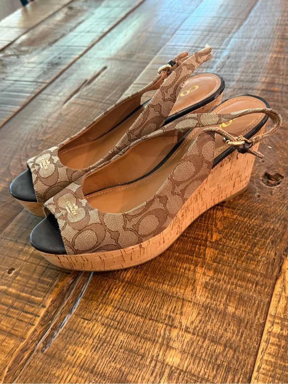 Coach Brown Signature Canvas Peep-Toe Slingback Wedges